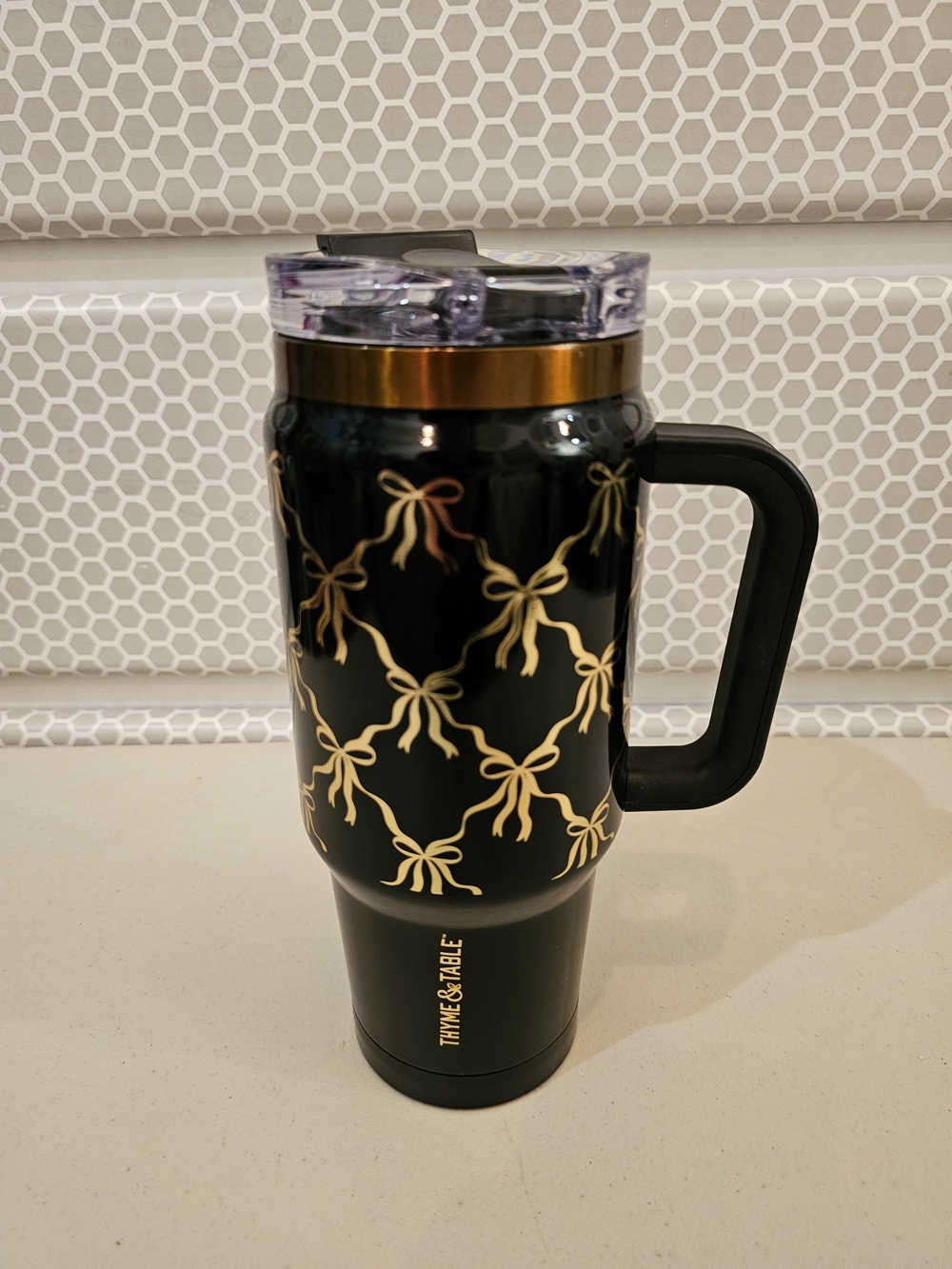 Thyme & Table Black Travel Mug with Gold Bow Accent